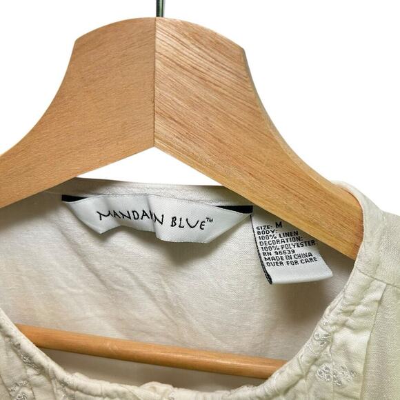 Mandarine Blue Linen White Eyelet Pin Tuck Top Medium Cottagecore Coastal - Picture 6 of 11